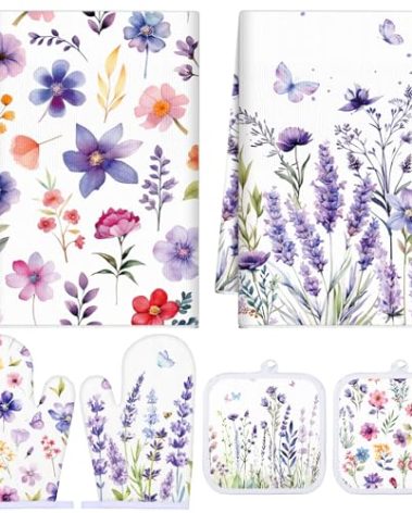 Sunnychicc Spring Lavender Oven Mitts and Pot Holders Kitchen Dish Towels Set Purple Flower Spring Kitchen Towels and Dishcloths for Baking Cooking Women BBQ Grilling Hand Dish Gifts