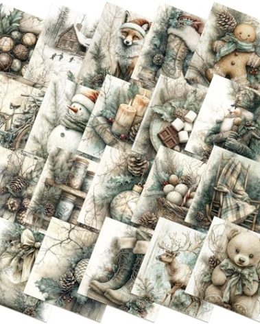 Ganeen 60 Pcs 10 x 10 Inch Vintage Green Christmas Quilting Fabric Squares Snowman Fat Patchwork Precut Strips Gingerbread Reindeer Fabric Bundles for Winter Xmas DIY Craft Sewing Handmade Material