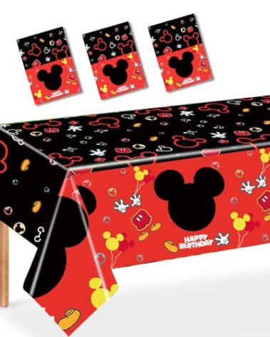 Nyhpar 3PCS Mouse Party Tablecloth, Black Red Plastic Tablecover Disposable Table Cloths Decor for Boys 1st 2nd 3rd Party Decorations Supplies, 86.6 x 51.2in