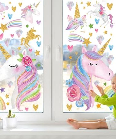 JarThenaAMCS Pink Watercolor Glitter Window Clings Double-Sided Cartoon Animal Rainbow Star Heart Diamond Window Decals Decor for Classroom Nursery Home, 15.7 x 11.8, 4 Sheet