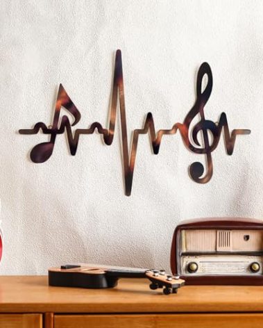 Blulu Metal Music Notes Wall Decor Sign Vintage Musical Heartbeat Wall Art Hanging Note Sign Treble Clef Decorations for Studio Bedroom Gallery Bar Birthday Party 15.75 x 9.04 Inches(Retro)
