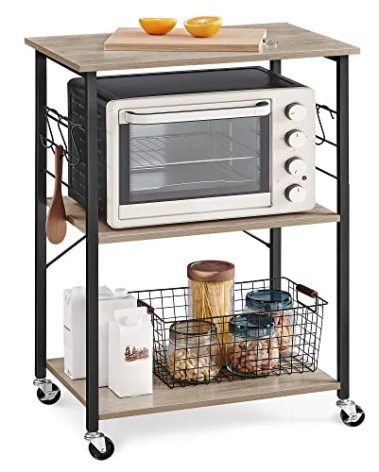 VASAGLE Kitchen Shelf on Wheels, Serving Cart with 3 Shelves, Kitchen Cart, Microwave Shelf, for Mini Oven, Toaster, with 6 Hooks, Industrial Style, Greige and Black UKKS060B02