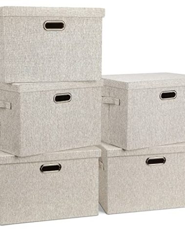 Graciadeco Large 17" 36 Quart Collapsible Stackable Storage Bins with Lids, 5 Packs Beige Linen Fabric Closet Boxes with Lids, Storage Cube Baskets Container Organizers for Bedroom Office(17 x12 x11)