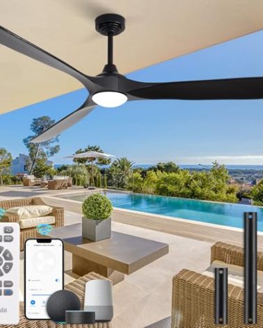 Homlit Ceiling Fan with Lights, 72'' Solid Wood Indoor/Outdoor Ceiling Fan with Quiet Reversible DC Motor, Control with WIFI Alexa App, 3CCT Dimmable, 6 Speeds Black Outdoor Fan for Patio Porch