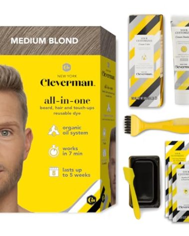 Cleverman Medium Blond All-in-One Reusable Kit for Men's Natural-Looking Gray Coverage - Professional-Quality Hair, Beard & Mustache Color, Ammonia-Free