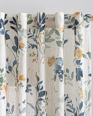 MYSKY HOME Floral Linen Curtains 84 Inch Long Set of 2 for Living/Dining Room Semi Sheer Light Filtering Farmhouse Flower Patterned Back Tab Drapes, Yellow and Blue, W50 Each Panel