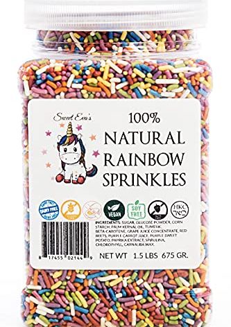 100% NATURAL RAINBOW SPRINKLES - NATURAL COLOR, DAIRY FREE, NUT FREE, GLUTEN FREE, SOY FREE, VEGAN, EGG FREE AND KOSHER ,1.5 LBS. CUPCAKE AND CAKE TOPPER,BULK CANDY, RESEALABLE CONTAINER,COLORFUL
