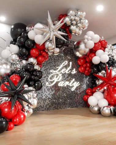 Red and Black Balloon Arch Kit with Star Balloons, Red Black and White Metallic Silver Balloon Arch Garland Kit for Birthday Prom Red Black Graduation 2024 Party Decorations