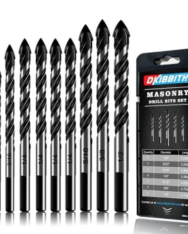 10-Piece Masonry Drill Bit Set for Concrete Tile Glass Ceramic Brick,1/8 to 1/2 Inch Drilling Bits with Triangle Handle,Tungsten Steel Alloy Tip.（Black）