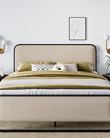 Allewie Queen Size Metal Bed Frame with Curved Upholstered Headboard and Footboard, Platform Bed Frame with 12.4'' Under Bed Storage, No Box Spring Needed, Vintage, Beige