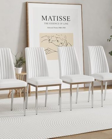 RDUEEI White Leather Chair, Modern Dining Chair Set of 4 with PU Leather and Chrome Leg, Sillas de Comedor with High Back for Dining Room, Kitchen, Living Room (WH-4)