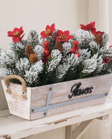Artificial Christmas Centerpiece with Snowy Norfolk Pine Garland, Poinsettias, Berries & Pine Cones in Rustic Wood Planter – Holiday Table Decoration for Home, Kitchen, Office, or Mantel