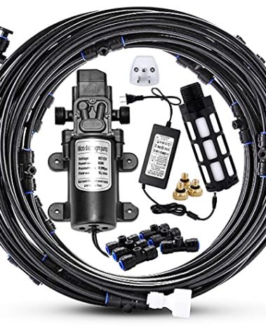 Mornajina Outdoor Misting Cooling System with Pump Kit, 49.2FT(15M) Misting Line with Filter, 20 Brass Mist Nozzles, 1 Brass Adapter (3/4"), 12V DC 60W 5L/Min, Self Priming Sprayer Water Pump