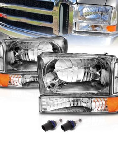 AmeriLite OE Chrome Replacement Headlights 4pcs Set w/Socket Bulb for 1999-04 Ford Excursion/Super Duty F250 F350 F450 F550 Truck - Passenger and Driver Side