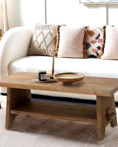 Farmhouse Wood Coffee Table - 43.4” Mid Century Modern Wooden Coffee Tables for Living Room, Solid Firwood Tabletop Rectangle Coffee Table, Center Table for Living Room, Brown