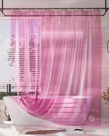 AmazerBath Pink Shower Curtain Liner, 100% EVA Soft Clear Heavy Duty Shower Curtain and Liner 2-in-1, 72x72 Luxury Plastic Weighted Bathroom Shower Liner, 12 Rustproof Grommets & 3 Heavyweight Stones