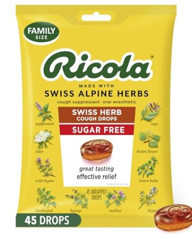 Ricola Sugar Free Swiss Herb Cough Drops, 45 Count, Cough Suppressant & Throat Relieving Drops with Naturally Sourced Menthol, Pleasing Taste for Coughs & Throat Irritation Symptom Relief