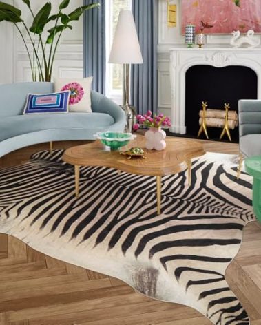 Guyekobe Zebra Rug 4.6x5.2 ft Area Rugs Beige and Brown Rug Funky Area Rugs for Bedroom Living Room Dining Room Animal Rug Non-Slip-No Fur