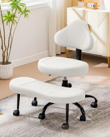 AtHope Cross Legged Office Chair, Criss Cross Desk Chair ADHD Meditation Kneeling Yoga Seat with Adjustable Height, Lumbar Support, Wider Footrest and Wheels (White)