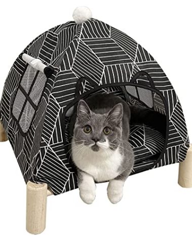 Nockovi 2-in-1 Elevated Cat Tent Cat House, Quick Assembly and Disassembly, Portable Indoor/Outdoor Cute Cat Bed Cave-Black Diamond Pattern