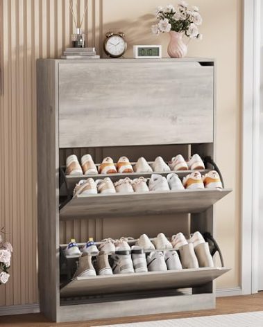 Shoe Storage Cabinet, Wood Shoe Organizer for Entryway with 3 Flip Drawers, Freestanding Shoe Rack with Adjustable Shelf, Narrow Shoe Dresser for Front Door Entrance(Grey, 47.2" x 31.5" x 9.25")