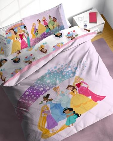 Disney Princess Full Comforter Set - 7 Piece Kids Bedding Includes Comforter, Sheets & Pillow Cover - Super Soft Rainbow Stars Microfiber Bed Set