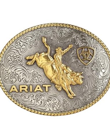 ARIAT Oval Buckle with Bull Rider Motif, Rope Edge, Antique Silver and Gold Finish, 4" x 3"