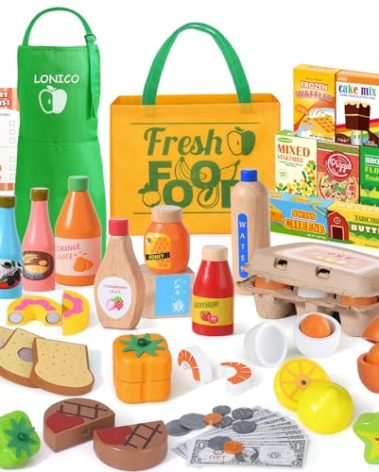 Lonico Wooden Play Food Toys for Kids, Market Grocery Store Toys with Snack & Shopping Bag & Apron for Toddlers, Pretend Play Kitchen Accessories Christmas Birthday Gift for Girls Boys 3 4 5 6