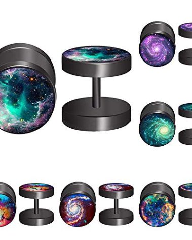 FLYUN Earrings For Men, Fake Gauge, Flat Back, Mens Men's Faux Gauge Fake Plug 6Pairs Galaxy Surgical Steel Black Stud Screw Earrings (Green)