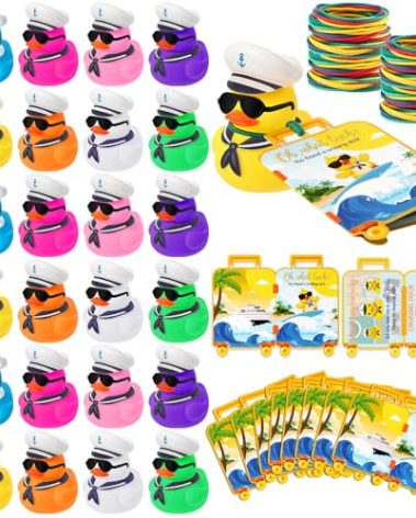 Silipull 72 Pcs/ 24 Sets Ducks for Cruise Ship with Tags New Years Rubber Ducks for Cruise Ships Mini Duck Tags Elastic Rubber Bands for Hiding Luggage Carnival Game Rewards(Multicolor)