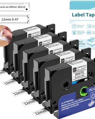 Tape 12mm 0.47 Laminated White Replacement for Brother P-Touch Tze Tz Label Tape TZe-231 Label Maker Refills, Compatible with PT-D210 PT-H110 D220 H111, VolenGo 3B21Z 5-Pack