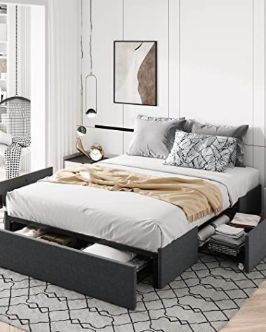 Allewie Full Size Platform Bed Frame with 3 Storage Drawers, Fabric Upholstered, Wooden Slats Support, No Box Spring Needed, Noise Free, Easy Assembly, Dark Grey