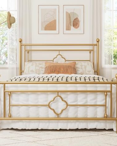 Allewie Full Size Metal Platform Bed Frame with Victorian Vintage Headboard and Footboard/Mattress Foundation/Under Bed Storage/No Box Spring Needed/Noise-Free/Easy Assembly, Gold