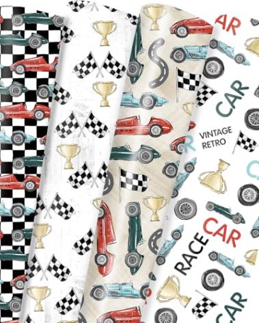 Vnaaem 8 Pc Race Car Wrapping Paper - Birthday Wrapping Paper for Kids Boys - Vintage Retro Car Gift Wrap for Christmas Birthday Baby Shower Holiday 19.6 X27.8Inch