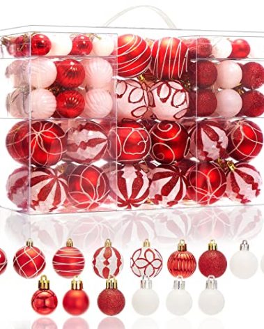 100Pcs Christmas Tree Ball Ornaments Set, Red and White Assorted Shatterproof Christmas Balls Decorations, Decorative Hanging Baubles for Holiday Weeding Party Home Decor