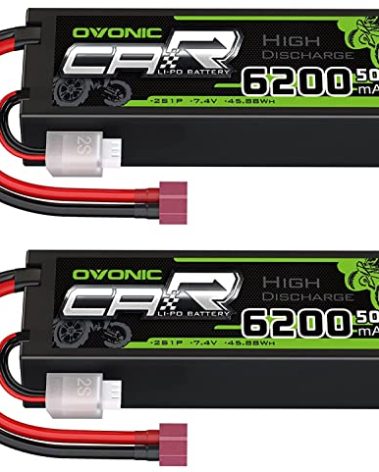 OVONIC 2S Lipo Battery 50C 6200mAh 7.4V Lipo Battery with Dean-Style T Connector for 1/8 1/10 RC Car Truck Boat Vehicles(2 Packs)