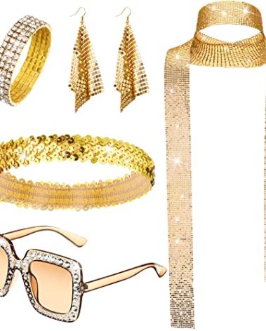 Sasylvia 5 Pcs 70s Disco Accessories Halloween Women Costume Jewelry Sequin Scarf Earrings Sunglasses Bracelet Headband(Gold)