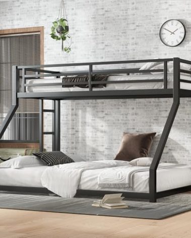 Twin XL Over Queen Bunk Bed Frame with Noise Reduced Design, Heavy Buty Floor Bunk Bed Twin XL Over Queen Bunk Beds with Build in Ladder for Adults, Teens(Black Floor Bunk Bed)