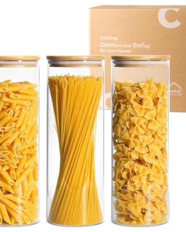 ComSaf Glass Spaghetti Pasta Storage Container with Lids 2 Qt Set of 3, Tall Clear Airtight Food Storage Jar with Wood Cover Kitchen Pantry Storage Container for Noodles Flour Cereal Coffee Beans