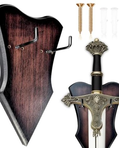 FLURSAILE Sword Plaque Wall Mount Vertical Display Holder Adjustable Stand for Bow Medieval Dagger Axe (1pcs Medium Brown)