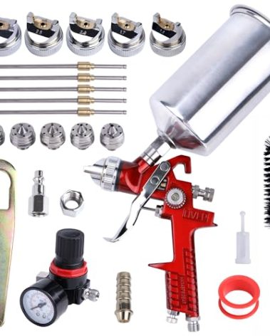 Penfeinx HVLP Spray Paint Gun, Automotive Gravity Feed Paint Gun Kit with 5 Nozzles,1.4mm 1.7mm 2.0mm 2.5mm and 3.0mm, 1000cc Aluminum Cup, Suitable for Auto Paint, Painting Cars