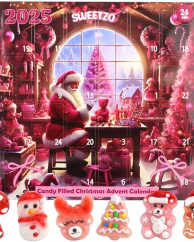 2025 Girls Candy Pink Advent Calendar, 24 Day Christmas Countdown with Gummies, Individually Wrapped Pieces, 10.16 Ounces