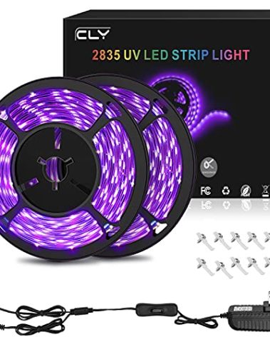CLY 33ft LED UV Black Light Strip Kit, 600 Units UV Lamp Beads, 12V Flexible Blacklight Fixtures, 2835 UV LED Strip Light for Indoor Christmas Decor Fluorescent Dance Glow Party Stage Lighting