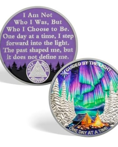 CHURYUML One Day at a Time 60 Day Sobriety Coin - Guided by the Light Sober Chip, 2 Month AA Coins Recovery Medallions Alcoholics Anonymous Token Two Month Inspirational Sobriety Gifts for Women & Men