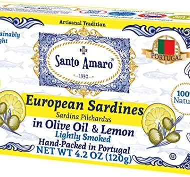 Santo Amaro - Authentic European Sardines in Olive Oil & Natural Lemon, Hand-Packed Canned Sardines Lisbon Variety Real Lemon, Wild Caught Portuguese Sardines, Lightly Smoked, Low Mercury Pack of 6