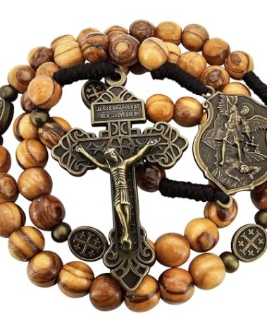 Archangel Saint Michael Olive Wood Prayer Beads Catholic Rosary Bronze Pardon Crucifix Virgin Mary Medals Rosaries for Men Holy Land Religious Gift Rosary Pouch & Prayer Card