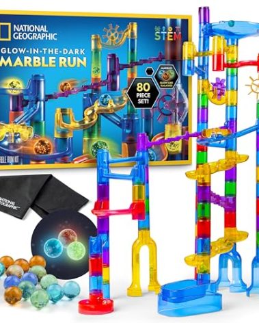 NATIONAL GEOGRAPHIC Glowing Marble Run – Construction Set with 15 Glow in The Dark Glass Marbles & Storage Bag, STEM Gifts for Boys and Girls, Building Project Toy (Amazon Exclusive)