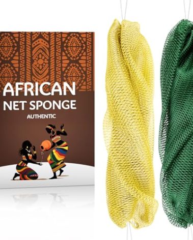 African Exfoliating Net Sponge Authentic - Real African Bath Sponge with Knots and Ropes - Back Scrubber Exfoliator Washer Cloth with Travel Bag - Body Shower Skin Care Essentials for Daily Use