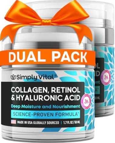SimplyVital Anti-Aging Collagen Retinol Cream for Face, Neck & Décolleté with Hyaluronic Acid - Made in USA, Daily Collagen, Retinol & Hyaluronic Acid Cream, 2-Pack