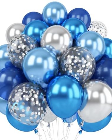 Blue Silver Balloons Set, 12 Inch Blue and Silver Balloons Dark Navy and Confetti Party Latex Balloon, Macaron Metallic Baby Blue Mixed Balloon for Birthday Graduation Baby Shower Wedding Retirement